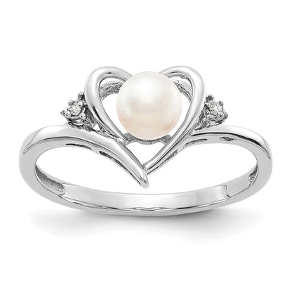 14k White Gold FW Cultured Pearl and Real Diamond Heart Ring