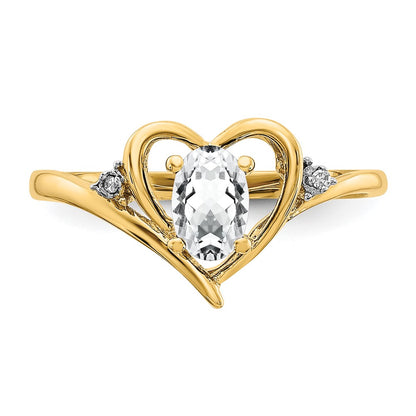 14K Yellow Gold White Topaz and Real Diamond Heart Ring