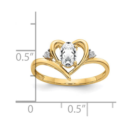 14K Yellow Gold White Topaz and Real Diamond Heart Ring