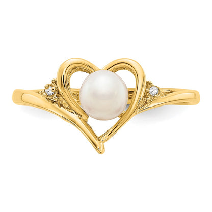 14K Yellow Gold FW Cultured Pearl and Real Diamond Heart Ring