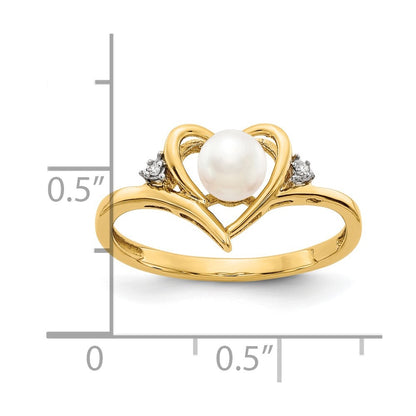 14K Yellow Gold FW Cultured Pearl and Real Diamond Heart Ring