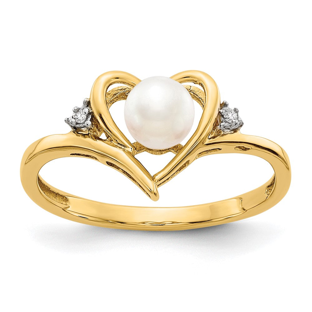14K Yellow Gold FW Cultured Pearl and Real Diamond Heart Ring
