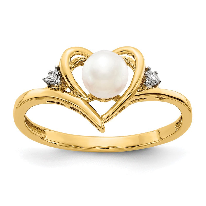 14K Yellow Gold FW Cultured Pearl and Real Diamond Heart Ring