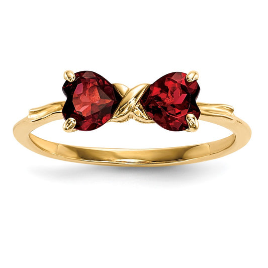 Solid 14k Yellow Gold Polished Simulated Garnet Bow Ring