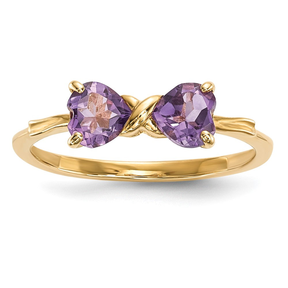 Solid 14k Yellow Gold Polished Simulated Amethyst Bow Ring