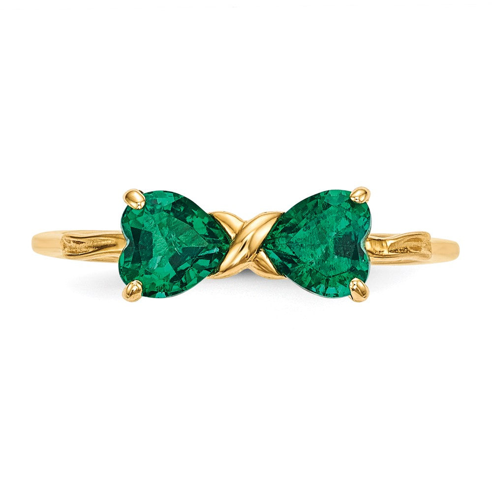 Solid 14k Yellow Gold Polished Created Simulated Emerald Bow Ring
