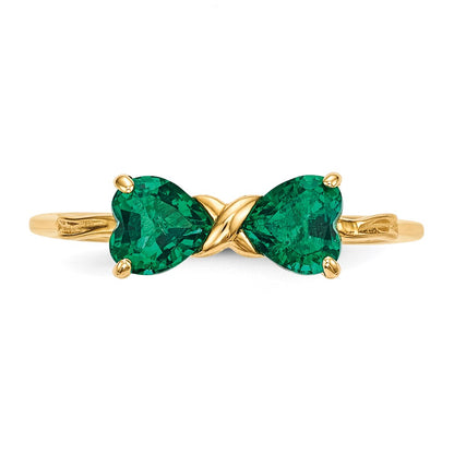 Solid 14k Yellow Gold Polished Created Simulated Emerald Bow Ring