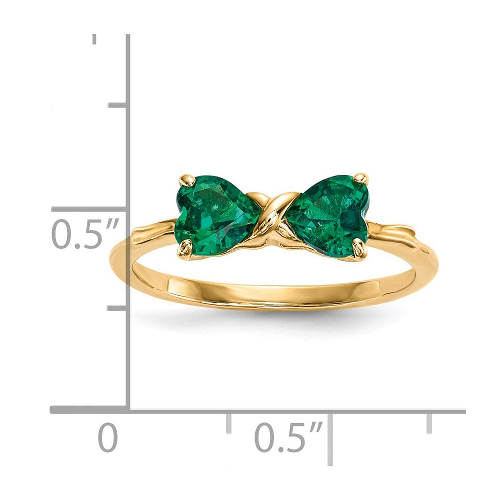 Solid 14k Yellow Gold Polished Created Simulated Emerald Bow Ring