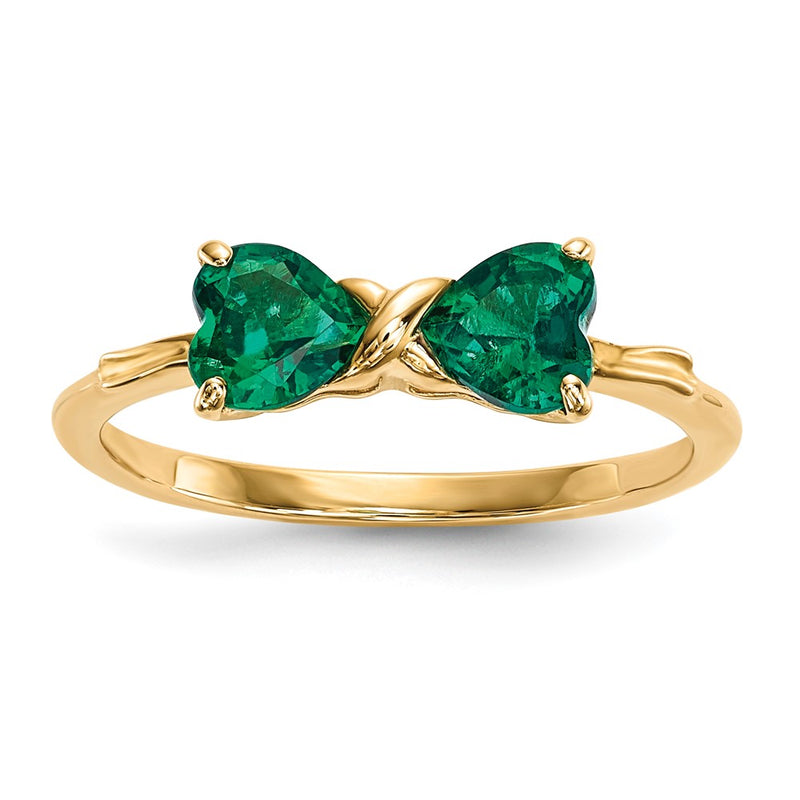 Solid 14k Yellow Gold Polished Created Simulated Emerald Bow Ring