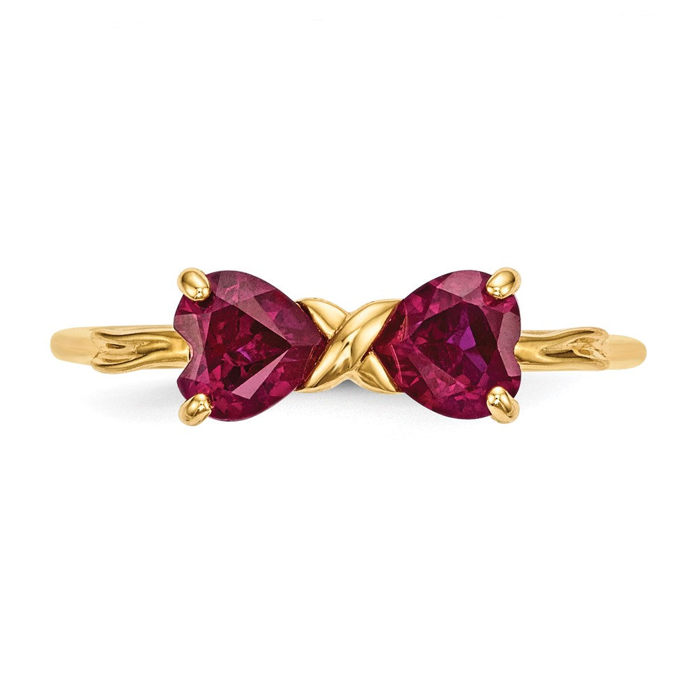 Solid 14k Yellow Gold Polished Created Simulated Ruby Bow Ring