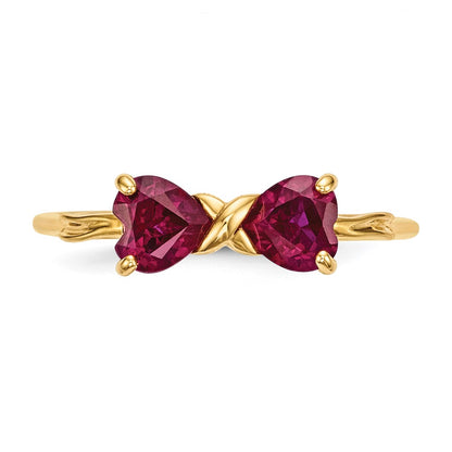 Solid 14k Yellow Gold Polished Created Simulated Ruby Bow Ring