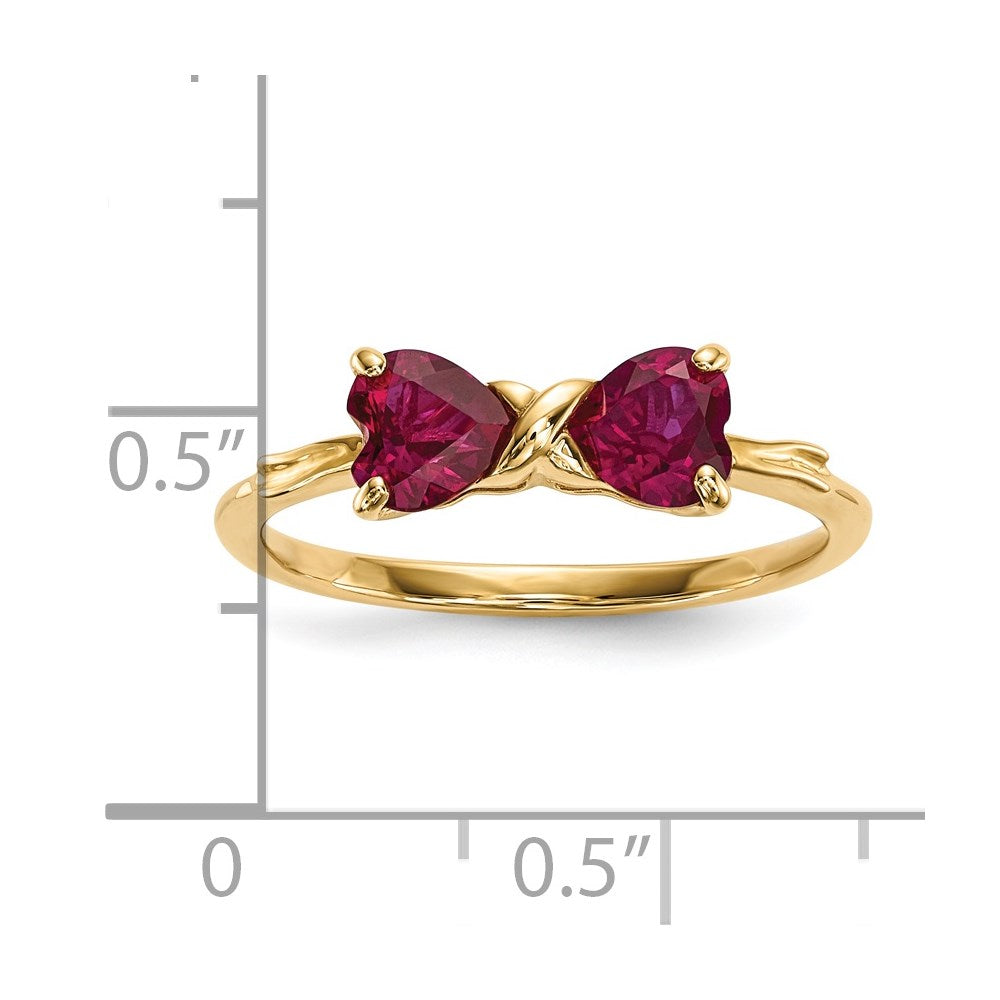 Solid 14k Yellow Gold Polished Created Simulated Ruby Bow Ring