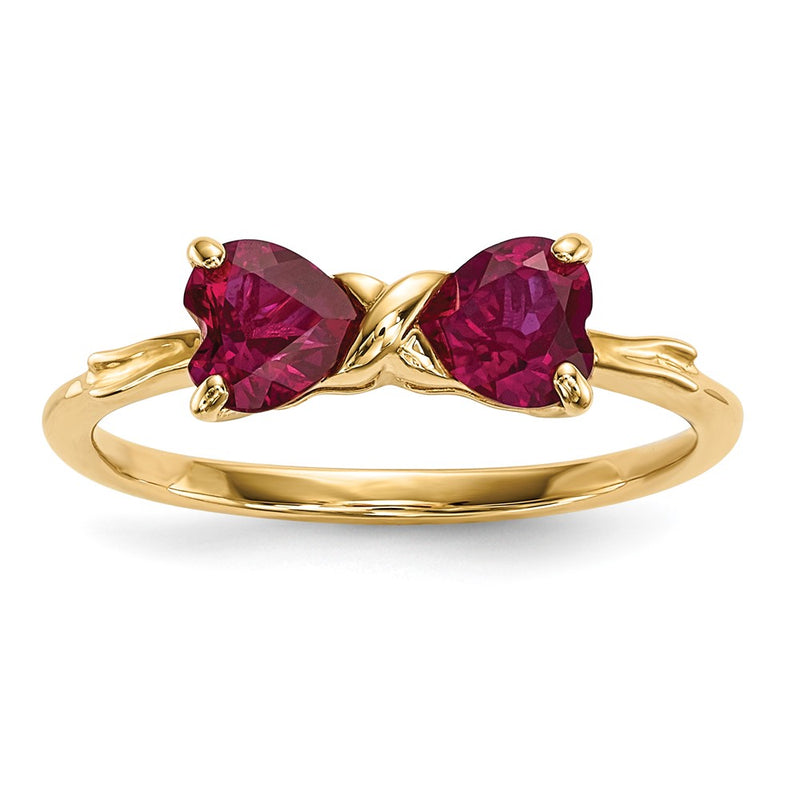 Solid 14k Yellow Gold Polished Created Simulated Ruby Bow Ring