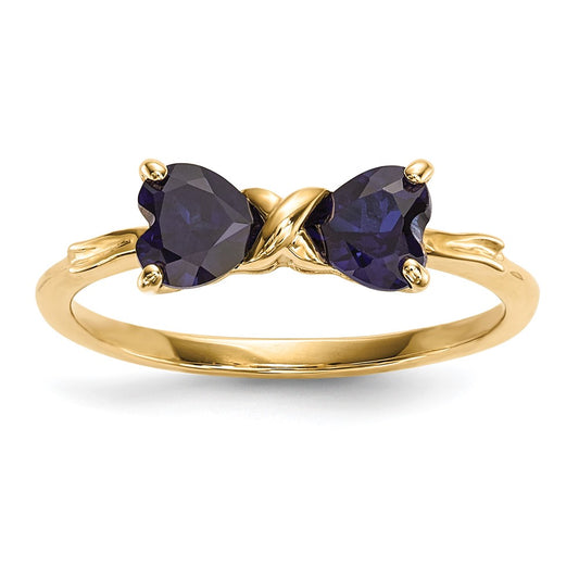 Solid 14k Yellow Gold Polished Created Simulated Sapphire Bow Ring