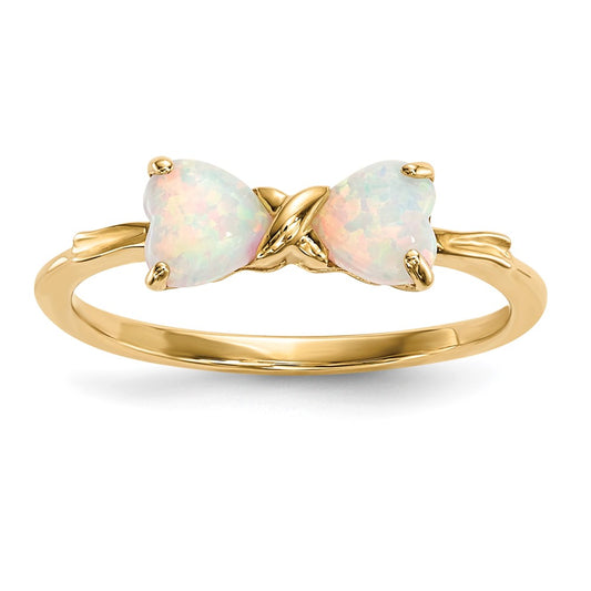 Solid 14k Yellow Gold Polished Created Simulated Opal Bow Ring