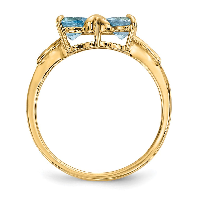 Solid 14k Yellow Gold Polished Light Simulated Swiss Blue Topaz Bow Ring
