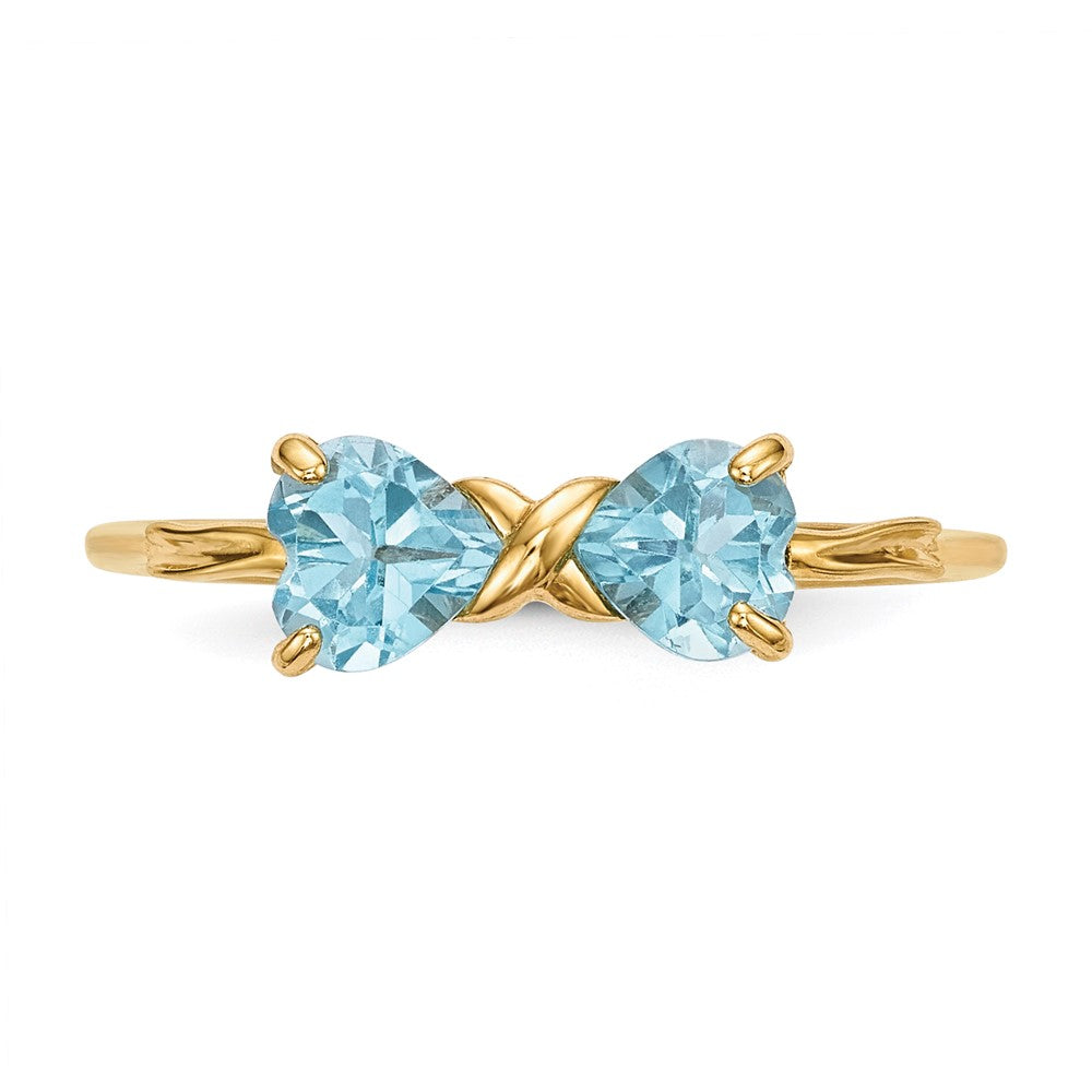 Solid 14k Yellow Gold Polished Light Simulated Swiss Blue Topaz Bow Ring