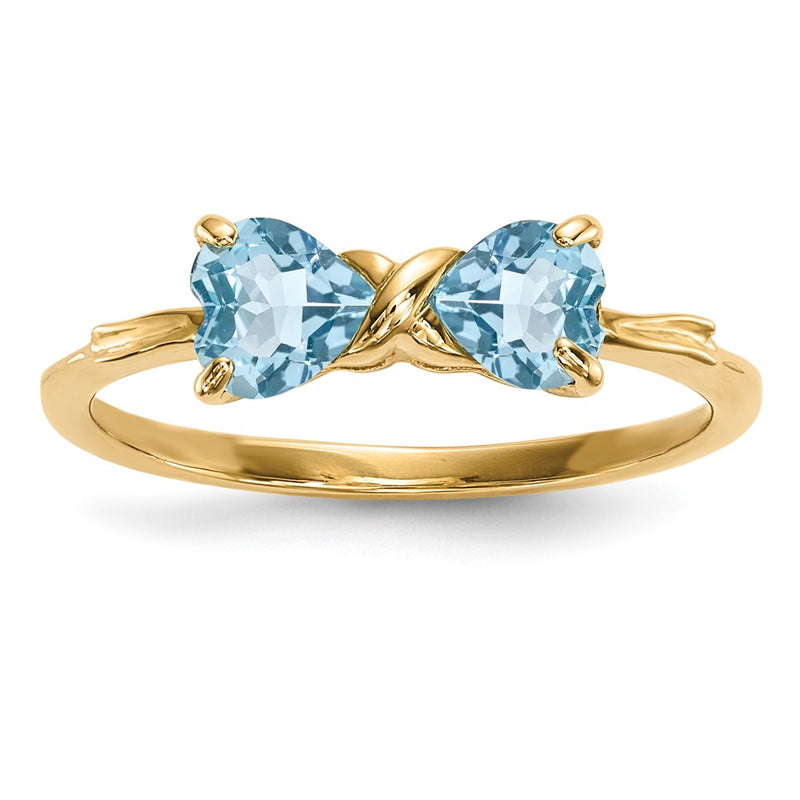 Solid 14k Yellow Gold Polished Light Simulated Swiss Blue Topaz Bow Ring