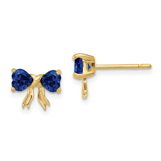 14k Gold Polished Created Sapphire Bow Post Earrings