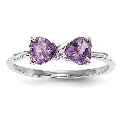 Solid 14k White Gold Polished Simulated Amethyst Bow Ring