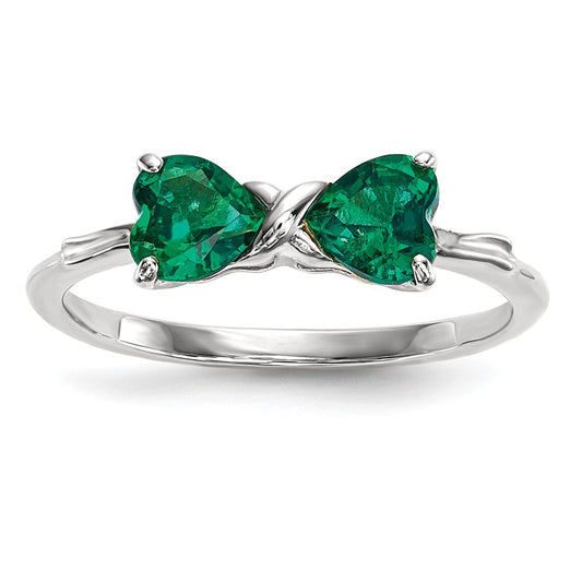 Solid 14k White Gold Polished Created Simulated Emerald Bow Ring