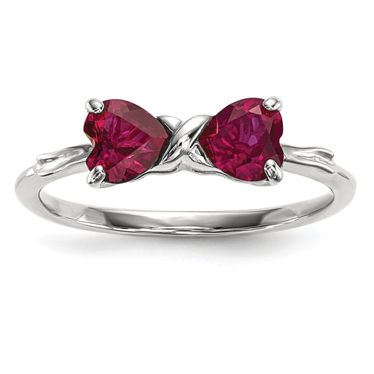 Solid 14k White Gold Polished Created Simulated Ruby Bow Ring