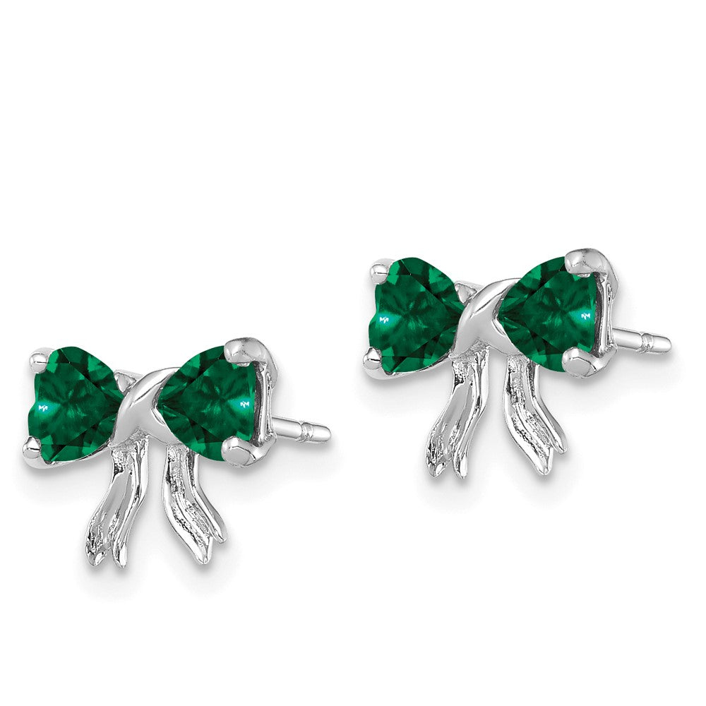14k White Gold Polished Created Emerald Bow Post Earrings