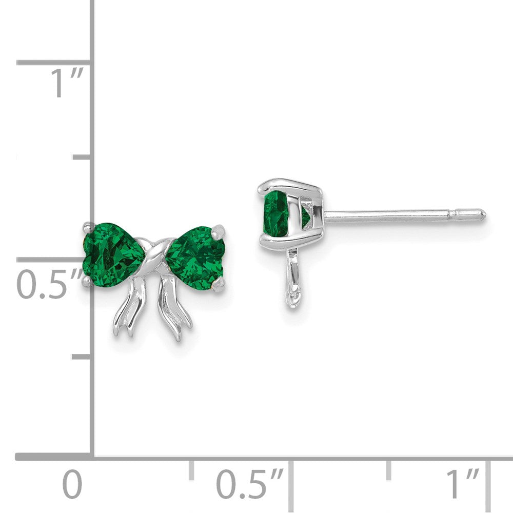 14k White Gold Polished Created Emerald Bow Post Earrings