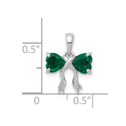 14k White Gold Polished Created Emerald Bow Pendant