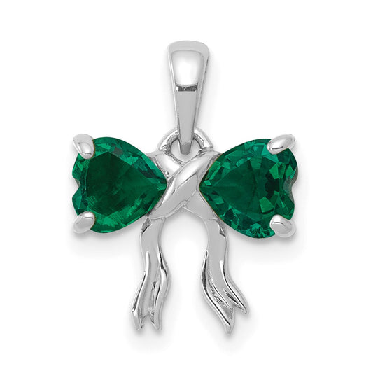 14k White Gold Polished Created Emerald Bow Pendant