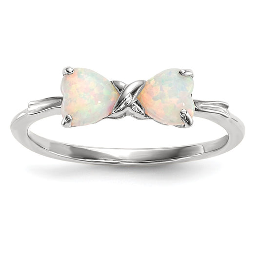 Solid 14k White Gold Polished Created Simulated Opal Bow Ring