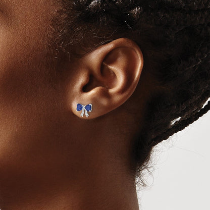 14k White Gold Polished Created Sapphire Bow Post Earrings