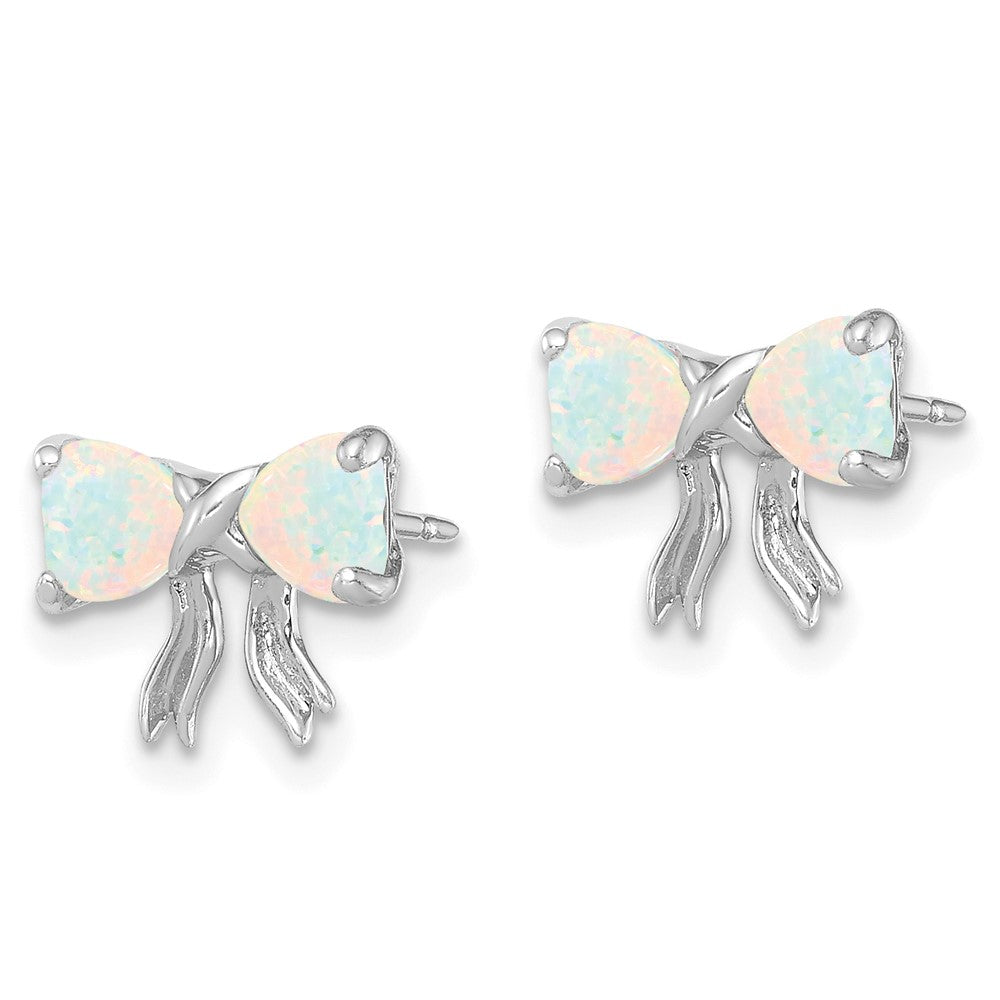 14k White Gold Polished Created Opal Bow Post Earrings