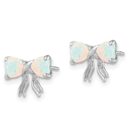 14k White Gold Polished Created Opal Bow Post Earrings