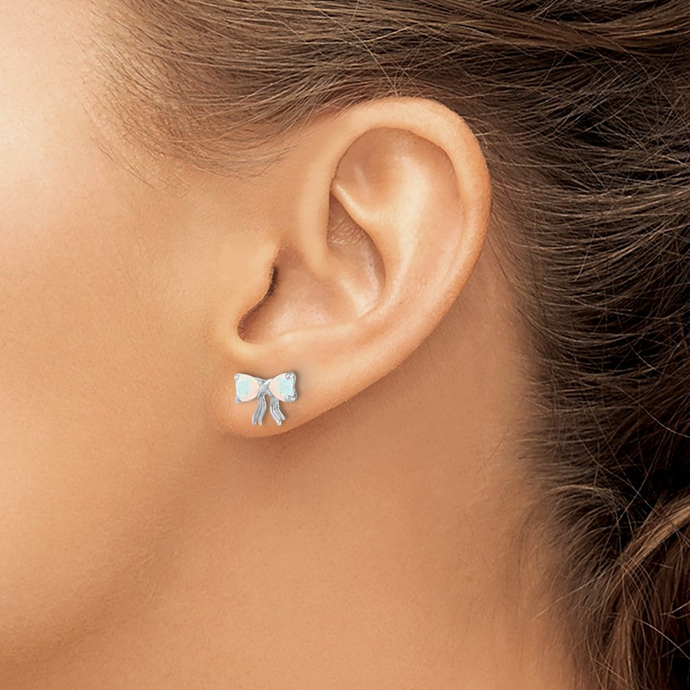 14k White Gold Polished Created Opal Bow Post Earrings