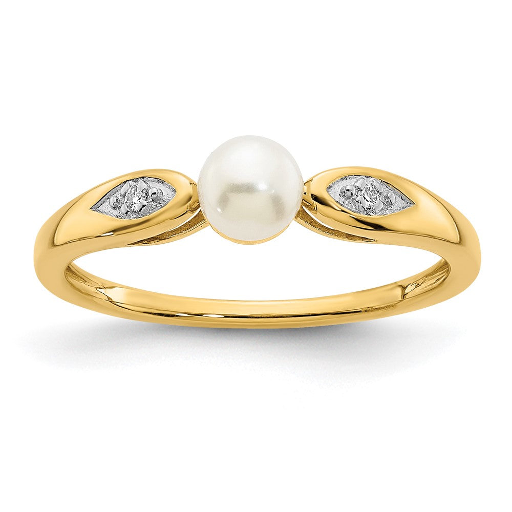 14K Yellow Gold FW Cultured Pearl and Real Diamond Ring