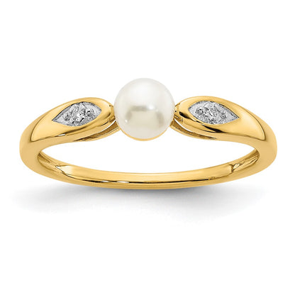 14K Yellow Gold FW Cultured Pearl and Real Diamond Ring
