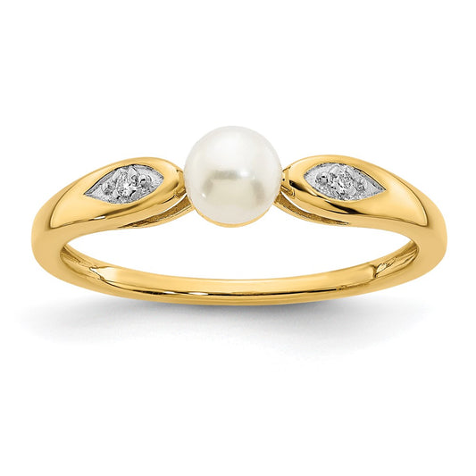 14K Yellow Gold FW Cultured Pearl and Real Diamond Ring