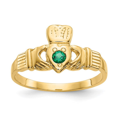 14K Yellow Gold Green CZ Claddagh Ring