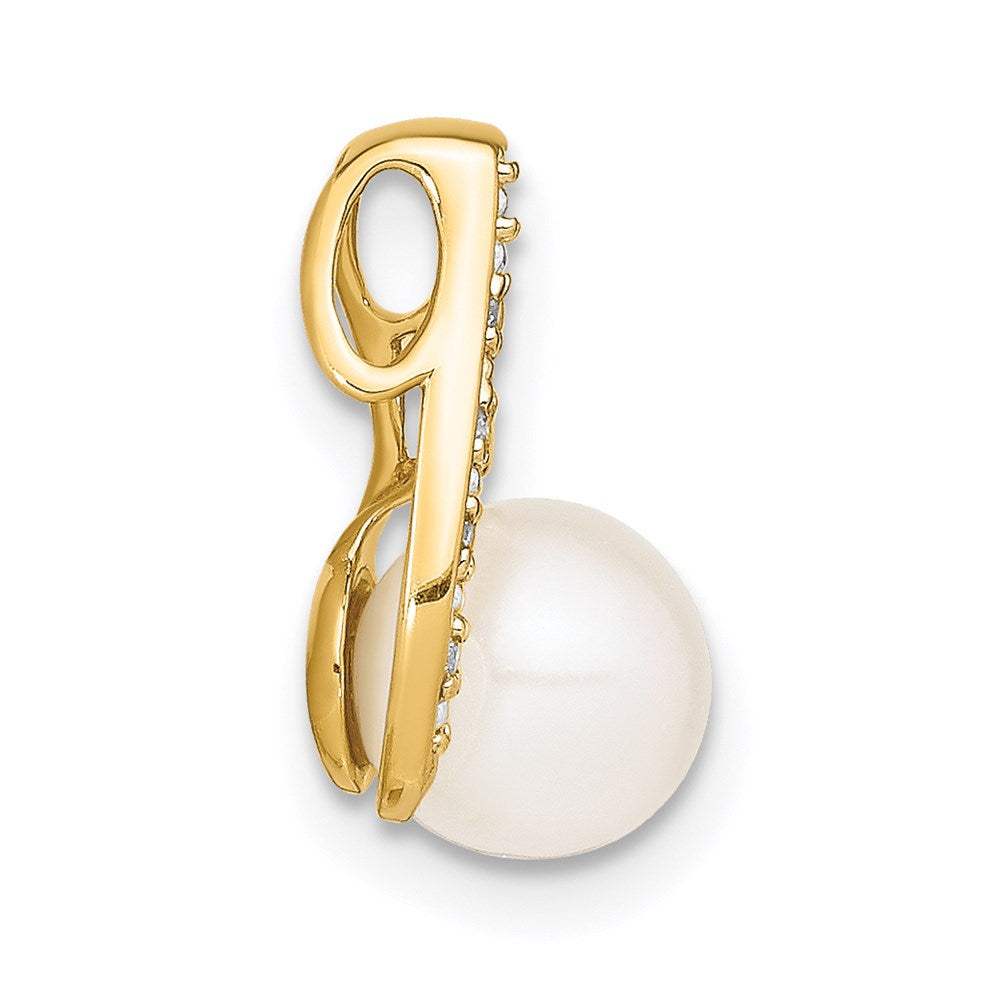 14K 7 8mm Button White FW Cultured Pearl and Rhodium Diamond Pendant