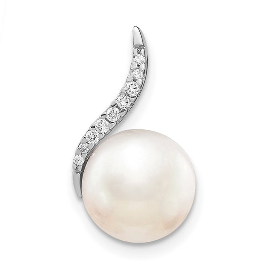 14K White Gold 9 10mm White Button FW Cultured Pearl and Diamond Pendant
