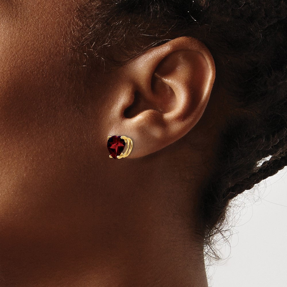 14k Yellow Gold 8mm Heart Garnet Earrings