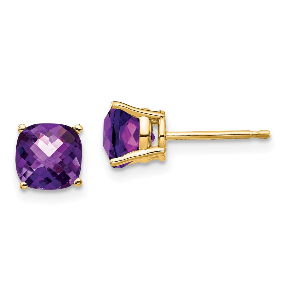 14k Yellow Gold 6x6mm Cushion Amethyst Checker Earring