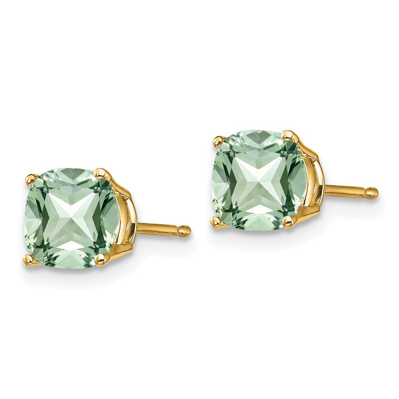 14k Yellow Gold 6mm Cushion Green Quartz Earring