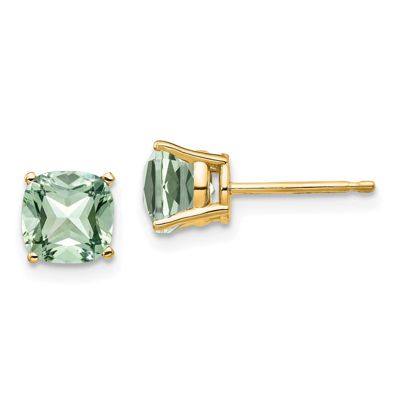 14k Yellow Gold 6mm Cushion Green Quartz Earring