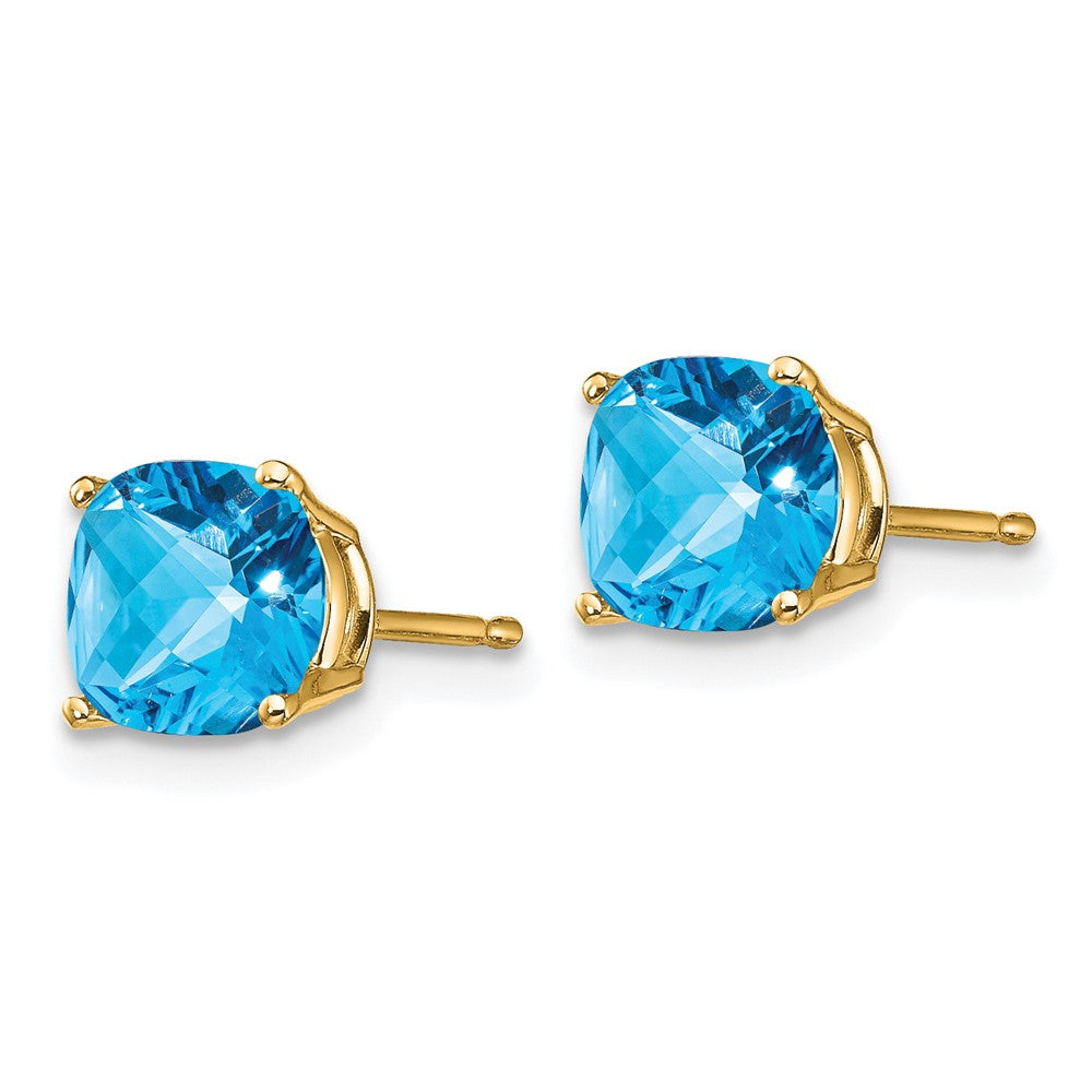 14k Yellow Gold 6x6mm Cushion Blue Topaz Checker Earrings