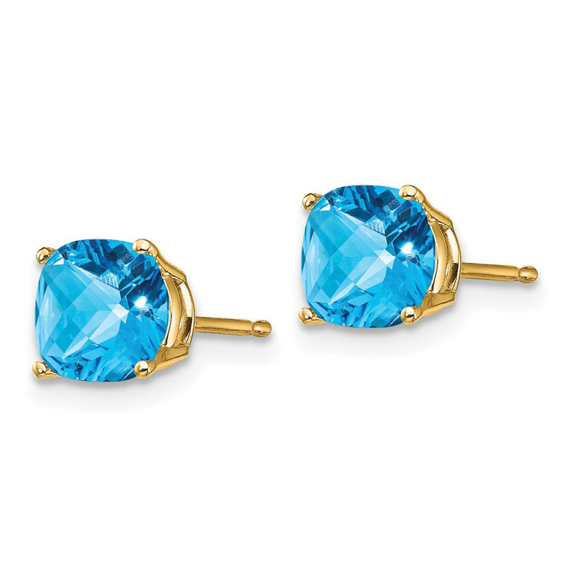 14k Yellow Gold 6x6mm Cushion Blue Topaz Checker Earrings