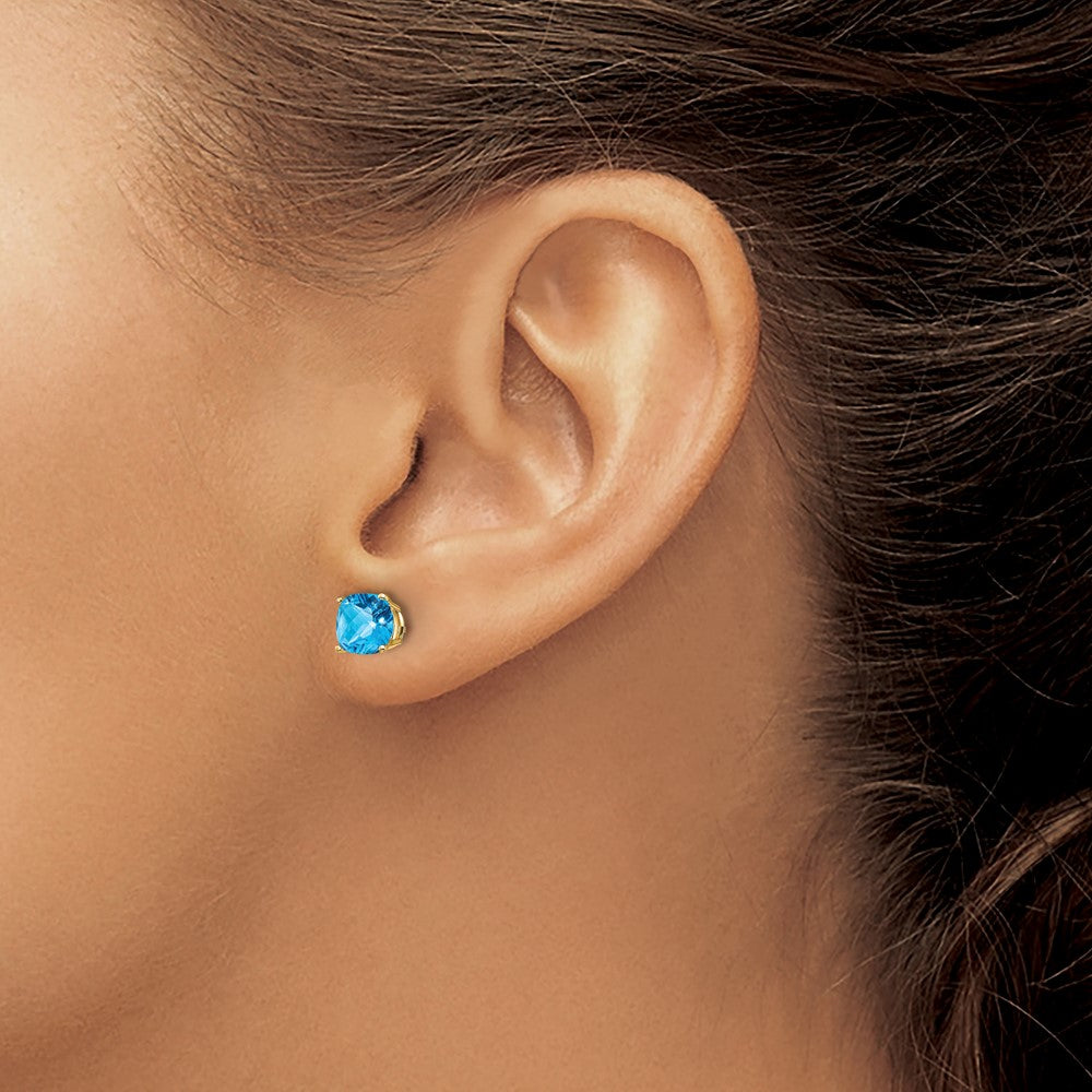 14k Yellow Gold 6x6mm Cushion Blue Topaz Checker Earrings