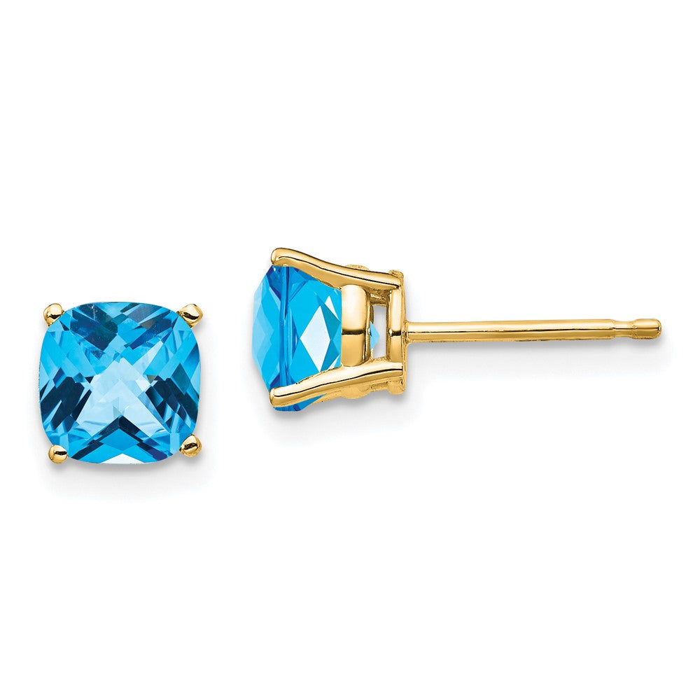 14k Yellow Gold 6x6mm Cushion Blue Topaz Checker Earrings
