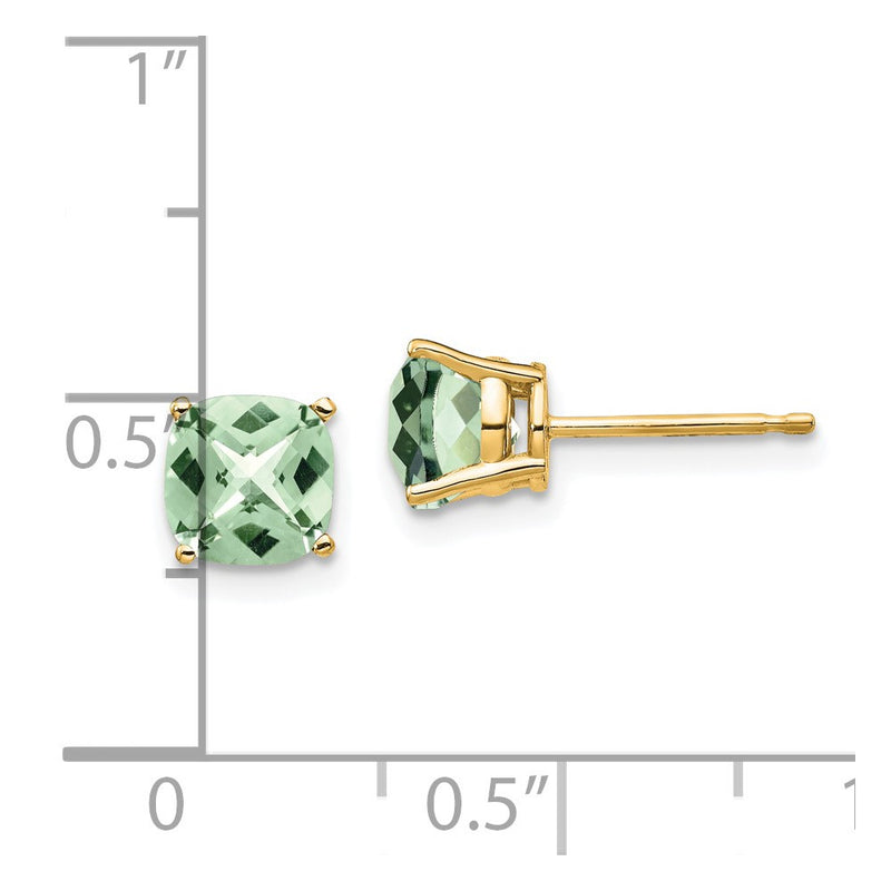 14k Yellow Gold 6mm Cushion Checker-Cut Green Quartz Earring